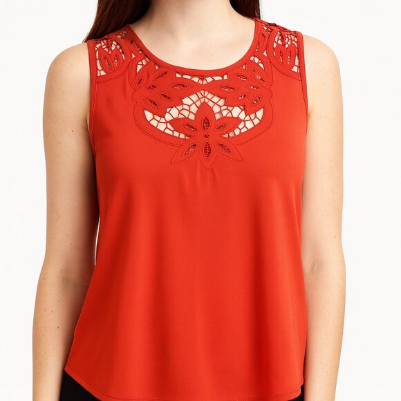 NWT CeCe Sunset Scape Richeleau Lace Detail Sleeveless Top in Sour Cherry - Picture 1 of 9